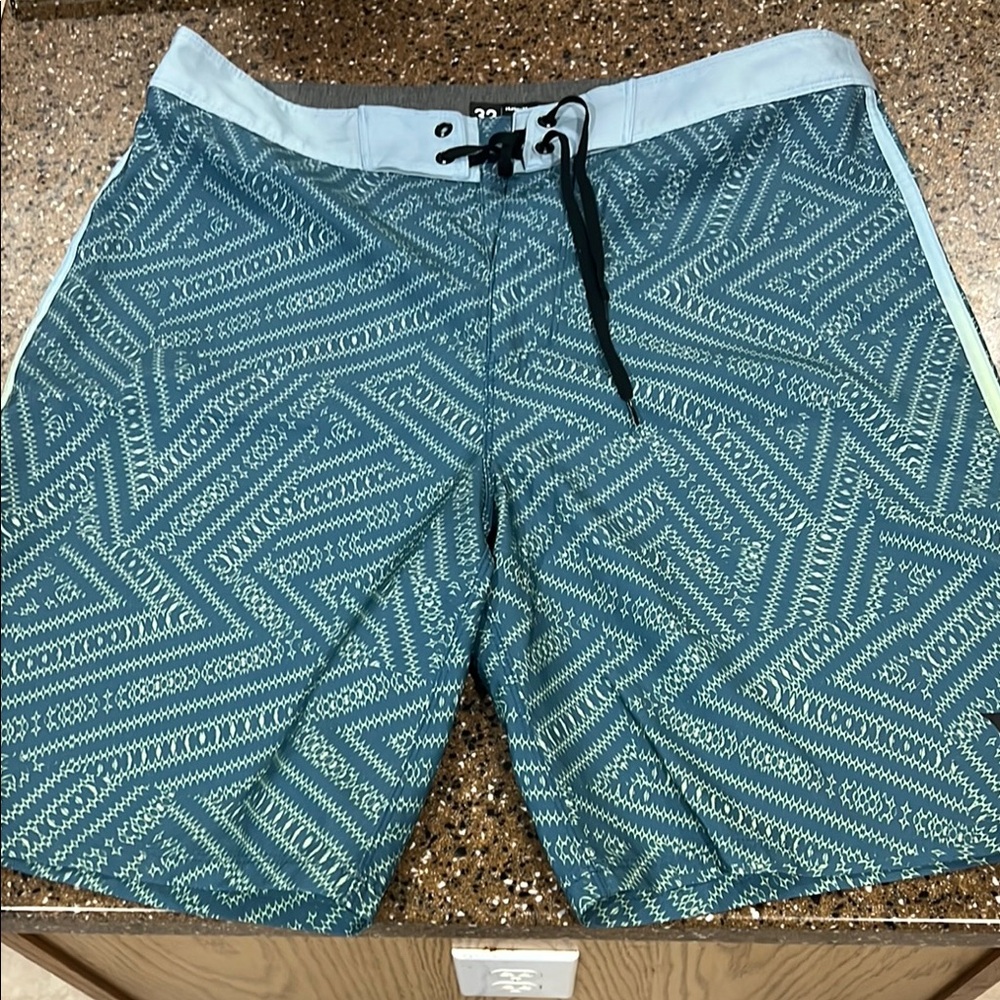 Hurley Blue Board Shorts Geometric Design Quick-Dry